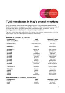 TUSC candidates in May’s council elections Below is the list of Trade Unionist and Socialist Coalition (TUSC) candidates standing in the English local elections taking place on May 5th. There are 310 council candidates