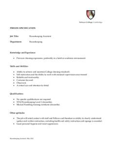 PERSON SPECIFICATION  Job Title: Housekeeping Assistant