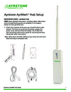 Ayrstone AyrMesh™ Hub Setup QUICKSTART GUIDE – AyrMesh Hub FIRST: More detailed instructions, including videos, slide shows, and a troubleshooting guide are available in the Support section of www.ayrstone.com. 1.	 C