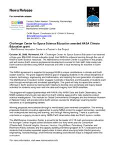 Microsoft Word - Challenger Center for Space Education awarded NASA Climate Education Grant.doc