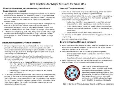 Best	
  Prac*ces	
  for	
  Major	
  Missions	
  for	
  Small	
  UAS	
  	
   Situa3on	
  awareness,	
  reconnaissance,	
  surveillance	
   (most	
  common	
  mission)	
   Search	
  (3rd	
  most	
  commo