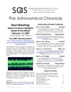 Next Meeting:  Astronomical Events Calendar Space Science Speaker Series @ The MOST