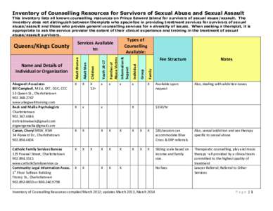Inventory of Counselling Resources for Survivors of Sexual Abuse and Sexual Assault This inventory lists all known counselling resources on Prince Edward Island for survivors of sexual abuse/assault. The inventory does n