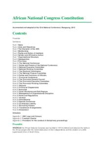 African National Congress Constitution As amended and adopted at the 53rd National Conference, Mangaung, 2012 Contents Preamble Definitions