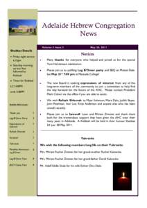 Adelaide Hebrew Congregation News Volume 5 Issue 3 Shabbat Details Friday night service