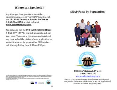 Where can I get help? SNAP Facts by Population Any time you have questions about the application process or your SNAP benefits, call the URI SNAP Outreach Project Hotline at