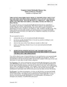 HIPAA FormVirginia United Methodist Homes, Inc. Notice of Privacy Practices Amended As of September, 2013