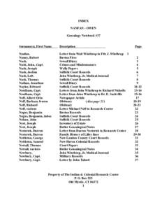 INDEX NANFAN - OWEN Genealogy Notebook #37 Surname(s), First Name  Description