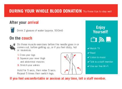 DURING YOUR WHOLE BLOOD DONATION  Try these tips to stay well After your arrival Drink 2 glasses of water (approx. 500ml)
