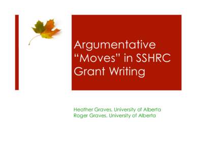Argumentative “Moves” in SSHRC Grant Writing Heather Graves, University of Alberta Roger Graves, University of Alberta