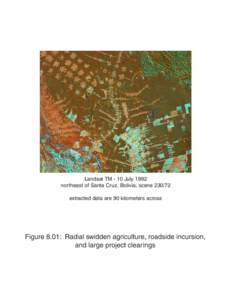 Landsat TM - 10 July 1992 northeast of Santa Cruz, Bolivia, sceneextracted data are 90 kilometers across Figure 8.01: Radial swidden agriculture, roadside incursion, and large project clearings