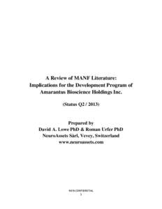 A Review of MANF Literature: Implications for the Development Program of Amarantus Bioscience Holdings Inc. (Status Q2[removed]Prepared by