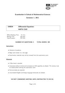 Examination in School of Mathematical Sciences Semester 1, [removed]Differential Equations