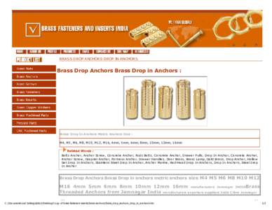 BRASS DROP ANCHORS DROP IN ANCHORS  Brass Drop Anchors Brass Drop in Anchors : Brass Drop In Anchors Metric Anchors Size : M4, M5, M6, M8, M10, M12, M16, 4mm, 5mm, 6mm, 8mm, 10mm, 12mm, 16mm