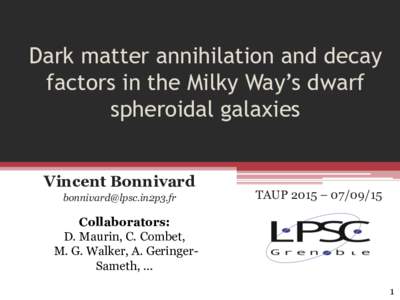 Dark matter annihilation and decay factors in the Milky Way’s dwarf spheroidal galaxies Vincent Bonnivard 