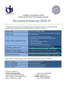 STUDENTS’ PLACEMENT OFFICE INDIAN INSTITUTE OF TECHNOLOGY KANPUR Recruitment ItineraryThe tentative Itinerary of the recruitment process for Placement of students graduating in 2019 and Internship of students 