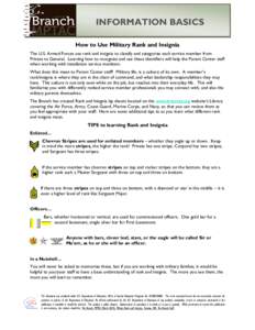 INFORMATION BASICS How to Use Military Rank and Insignia The U.S. Armed Forces use rank and insignia to classify and categorize each service member from Private to General. Learning how to recognize and use these identif
