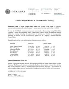 Fortuna Reports Results of Annual General Meeting  Vancouver, June 15, 2018: Fortuna Silver Mines Inc. (NYSE: FSM) (TSX: FVI) hereby announces the voting results at the Company’s annual general meeting held on June 14,