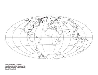 Aitoff Projection; Azimuthal; (Modified Azimuthal Equidistant); Neither Conformal or Equal-area; David Aitoff; 1889  
