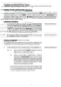 CapitaLand Retail China Trust  (Constituted in the Republic of Singapore pursuant to a trust deed dated 23 Octoberas amended)) Notice of Annual General Meeting NOTICE IS HEREBY GIVEN that the Annual General Meetin