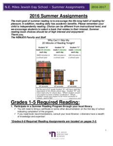 N.E. Miles Jewish Day School – Summer AssignmentsSummer Assignments The main goal of summer reading is to encourage the life-long habit of reading for
