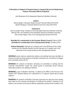 A Resolution in Support of Proposed Ideas to Augment Sexual and Relationship  Violence Prevention Efforts at Stanford      Joint Resolution of the Associated Students of Stanford University