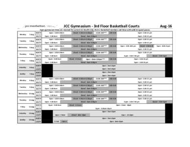 JCC Gymnasium - 3rd Floor Basketball Courts  Aug-16 Open gymnasium times are reserved for current JCC Health Club, Pool or Basketball members and those with valid JCC guest passes. Monday