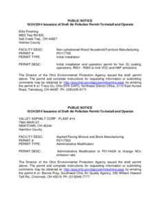 PUBLIC NOTICE[removed]Issuance of Draft Air Pollution Permit-To-Install and Operate Elite Finishing 8602 Twp Rd 635, Salt Creek Twp., OH[removed]Holmes County