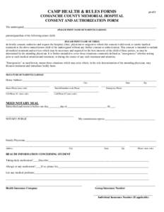 CAMP HEALTH & RULES FORMS  p1 of 2 COMANCHE COUNTY MEMORIAL HOSPITAL CONSENT AND AUTHORIZATION FORM
