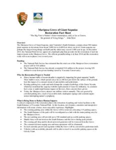 Mariposa Grove of Giant Sequoias Restoration Fact Sheet “The Big Tree is Nature’s forest masterpiece, and, as far as I know, the greatest of living things.” – John Muir Overview The Mariposa Grove of Giant Sequoi