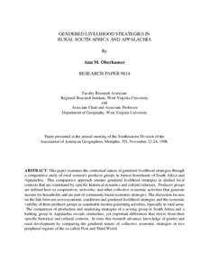 GENDERED LIVELIHOOD STRATEGIES IN RURAL SOUTH AFRICA AND APPALACHIA By Ann M. Oberhauser RESEARCH PAPER 9814