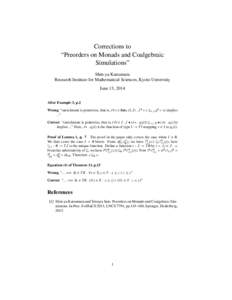 Corrections to “Preorders on Monads and Coalgebraic Simulations” Shin-ya Katsumata Research Institute for Mathematical Sciences, Kyoto University June 13, 2014