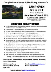 Campbelltown Steam & Machinery Museum’s  CAMP OVEN COOK OFF “Come and Get it!” Saturday 28th March 2015