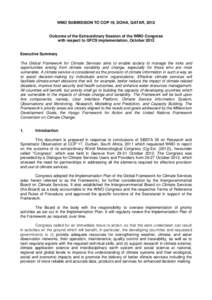 WMO SUBMISSION TO COP 18, DOHA, QATAR, 2012  Outcome of the Extraordinary Session of the WMO Congress with respect to GFCS implementation, October[removed]Executive Summary