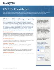 CMT for Coexistence CMT for Coexistence establishes high-fidelity interoperability and preserves user workflow between IBM/Lotus Domino and Microsoft Exchange/Office 365 and between Active Directory forests IBM Domino an