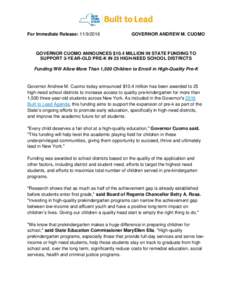 For Immediate Release: GOVERNOR ANDREW M. CUOMO State of New York | Executive Chamber Andrew M. Cuomo | Governor