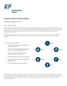 GLOBAL STUDENT LEADERS SUMMIT The Design Thinking Process What is Design Thinking? Design thinking is a creative process based around the accumulation of ideas. The process has six stages: identify, empathy, define, idea