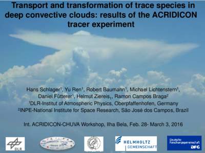 Transport and transformation of trace species in deep convective clouds: results of the ACRIDICON tracer experiment Hans Schlager1, Yu Ren1, Robert Baumann1, Michael Lichtenstern1, Daniel Fütterer1, Helmut Ziereis1, Ram