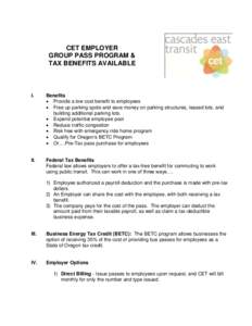 CET EMPLOYER GROUP PASS PROGRAM & TAX BENEFITS AVAILABLE I.