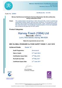 Merieux NutriSciences Certification Services 20 King Street Blackburn, Victoria 3130, Australia Blackburn, Victoria 3130, Australia  Certificate No: 