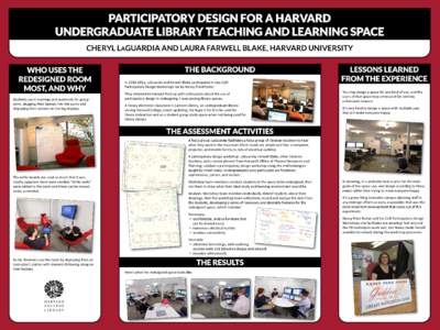 PARTICIPATORY DESIGN FOR A HARVARD UNDERGRADUATE LIBRARY TEACHING AND LEARNING SPACE CHERYL LAGUARDIA AND LAURA FARWELL BLAKE, HARVARD UNIVERSITY WHO USES THE REDESIGNED ROOM MOST, AND WHY