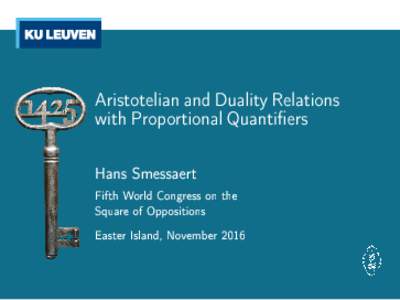 Aristotelian and Duality Relations with Proportional Quantiers Hans Smessaert Fifth World Congress on the Square of Oppositions