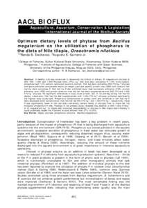 AACL BIOFLUX Aquaculture, Aquarium, Conservation & Legislation International Journal of the Bioflux Society Optimum dietary levels of phytase from Bacillus megaterium on the utilization of phosphorus in