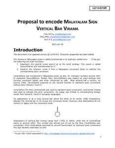 L2/14-015R  Proposal to encode MALAYALAM SIGN VERTICAL BAR VIRAMA Cibu Johny, [removed] Shiju Alex, [removed]