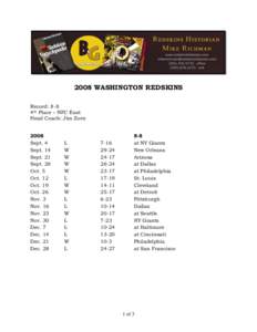 2008 WASHINGTON REDSKINS Record: 8-8 4th Place – NFC East Head Coach: Jim Zorn 2008 Sept. 4