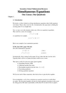 Secondary School Mathematical Resource  Simultaneous Equations One Linear, One Quadratic ChapterIntroduction