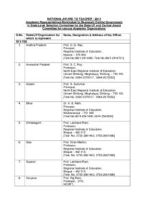 NATIONAL AWARD TO TEACHER[removed]Academic Representatives Nominated to Represent Central Government in State Level Selection Committee for the State/UT and Central Award Committee for various Academic Organizations S.No.