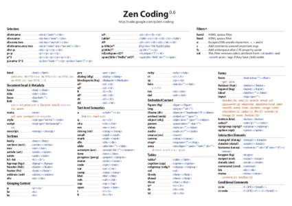 Zen Coding 0.6 http://code.google.com/p/zen-coding Selectors  Filters 0.6