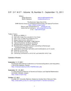 O P - S F N E T - Volume 18, Number 5 – September 15, 2011 Editors: Diego Dominici Martin Muldoon  