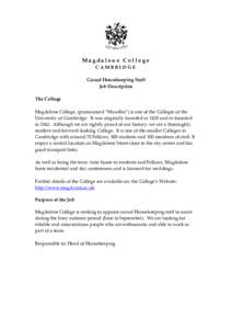 Magdalene College CAMBRIDGE Casual Housekeeping Staff Job Description The College